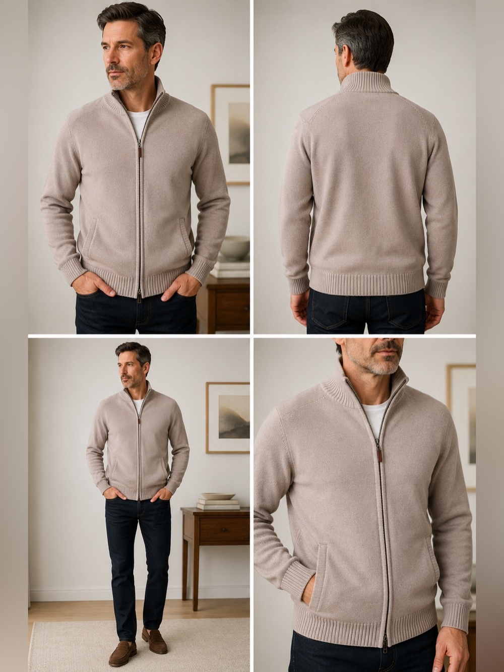 House of Cashmere Men’s 100% Cashmere Full Zip Sweater Jacket XXL Beige